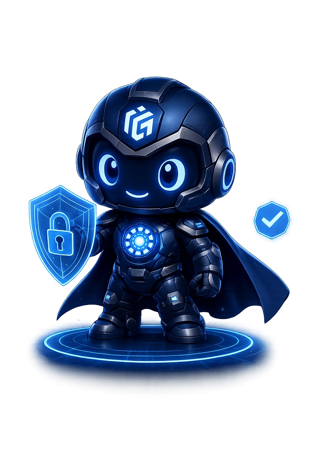 Mascote robô da IronGate com escudo de segurança
